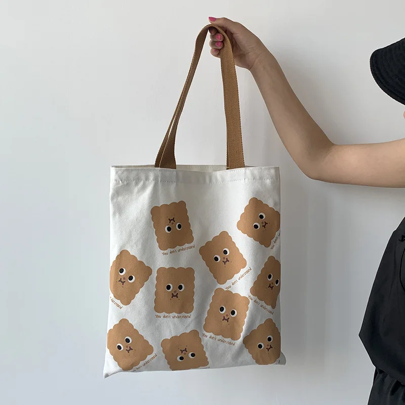 

2020 New Canvas Shoulder Bag for Women Girl Cartoon Bear White Female Handbags Cloth Shopping Bags Ladies Tote Beach Shopper Bag
