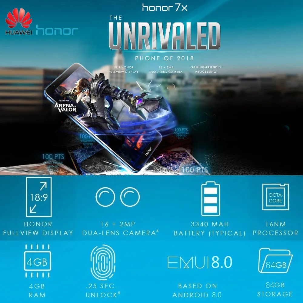 Мобильный телефон Honor 7X Face ID, 5,93 дюймов, 2160*1080 P, 4 гб, 64 гб, четыре ядра, две тыловые камеры, 3340 мач, смартфон с отпечатком пальца