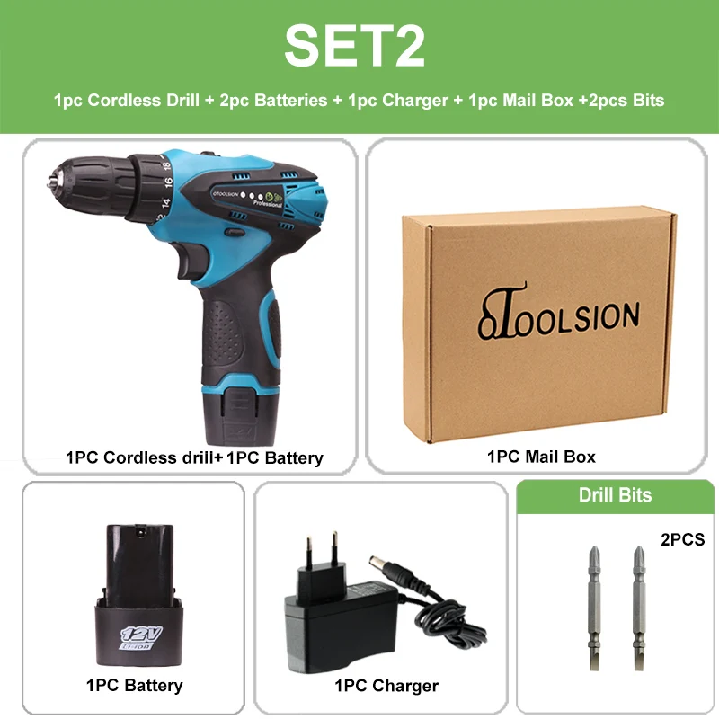 SET2 (2 pc battery) 21 в 12 В перезаряжаемая отвертка, Аккумуляторная дрель, электрические инструменты, шуруповерт, зарядная электрическая отвертка, набор+ запчасти для дрели - Цвет: SET2 (2 pc battery)