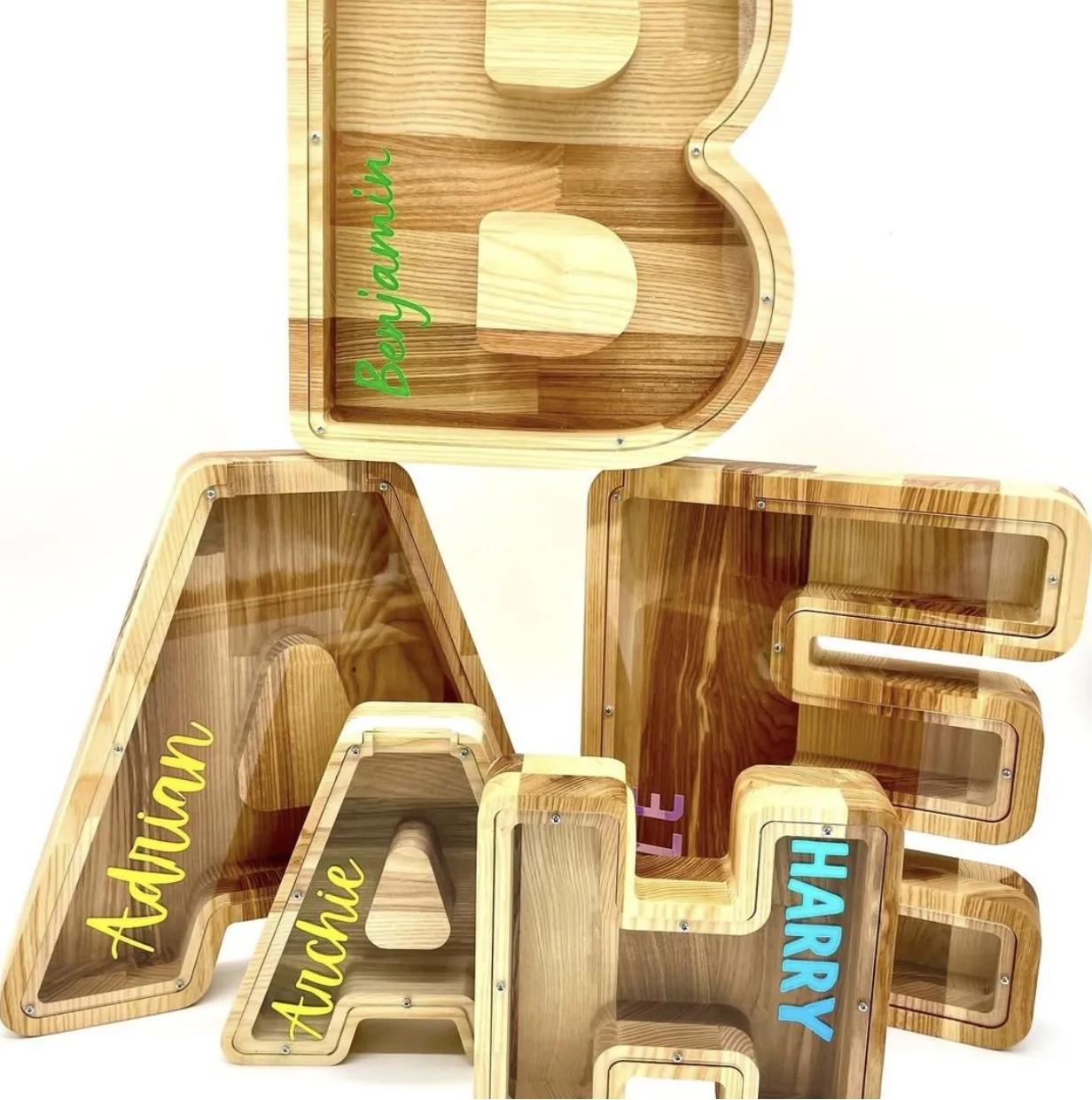 

26 English Letter Wooden Money Storage Box Alphabet Coins Saving Jar Personalized Piggy Bank Desktop Ornament Home Decor Crafts