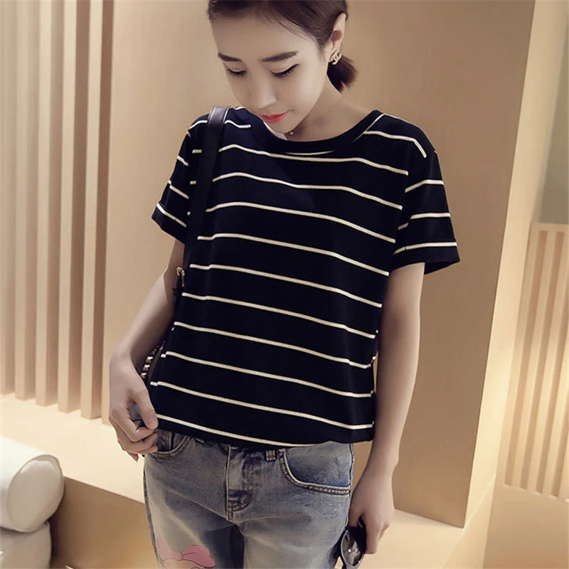 Женская свободная футболка в полоску с круглым вырезом и коротким рукавом из