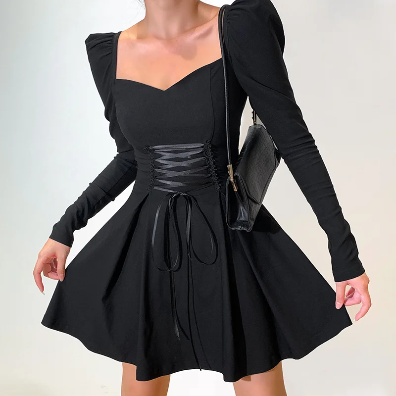 

Women's Temperament Square Neck Long Sleeve Dress 2021 New Ins Design Bandage Waist Closing Small Black Skirt