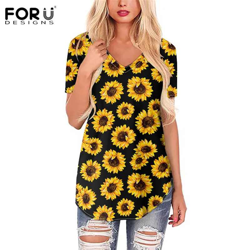 

Женские топы с цветочным принтом FORUDESIGNS, желтые топы с V-образным вырезом, Роскошные Рубашки в стиле Харадзюку, одежда для женщин