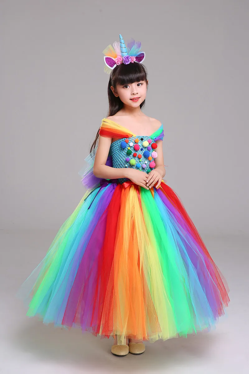 Пышное Платье для девочек с единорогом радужной расцветки | Детская одежда и