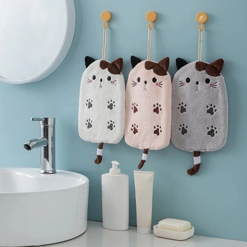 

1pc Hanging Type Cat Embroidered Towel Cleaning Cloth Super Absorbent Dual Purpose Coral Velvet Hand Towel Bathroom Supplies