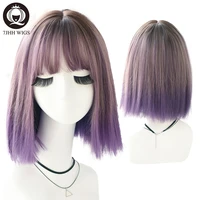 7jhh wigs purple green straight medium 18 inch synthetic wig for girls fashion high temperature silk hot sale daily wear wig