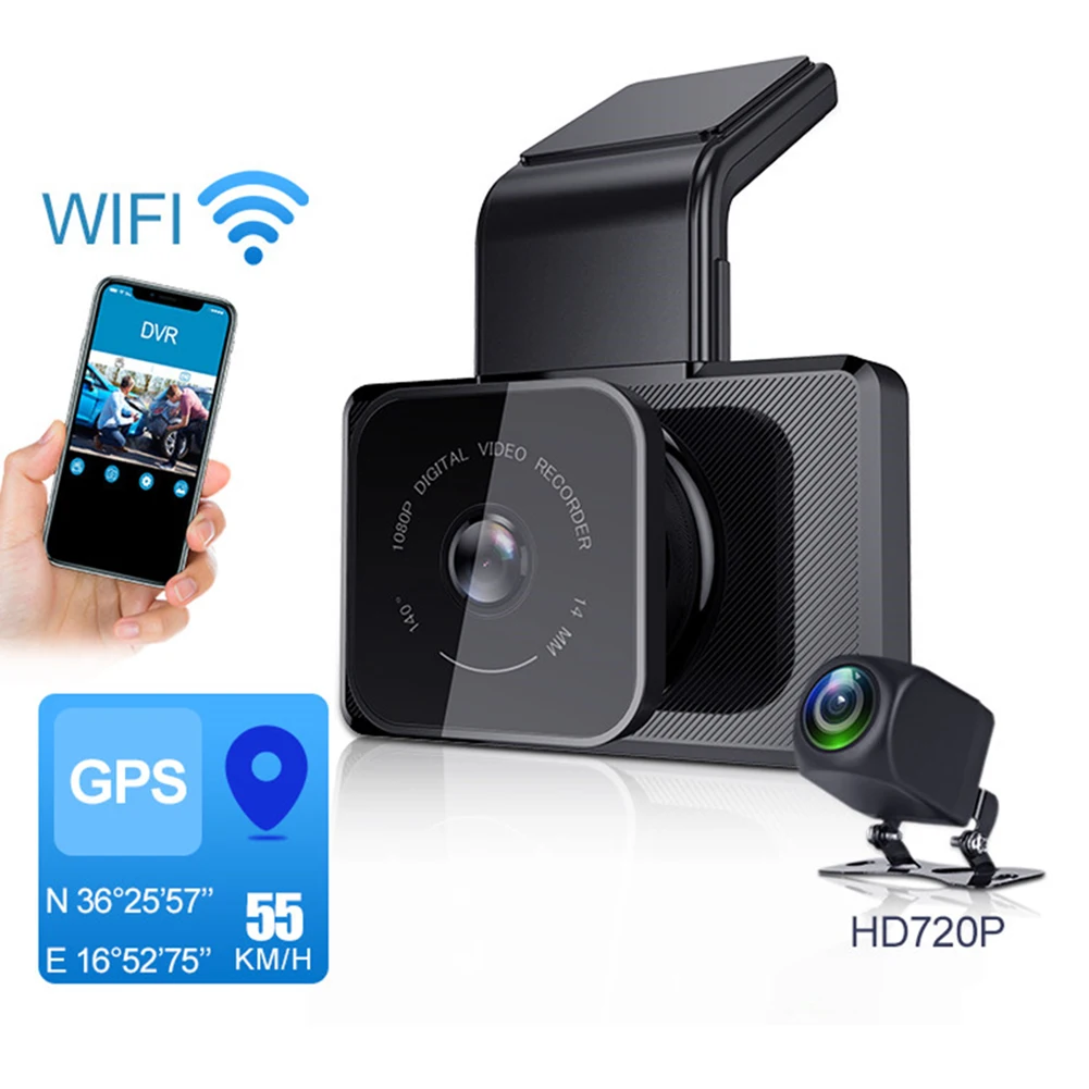 

3-дюймовый Автомобильный видеорегистратор IPS HD GPS 720P AHD WiFi видеорегистратор с двумя объективами камера ночного видения Запись вождения видео...