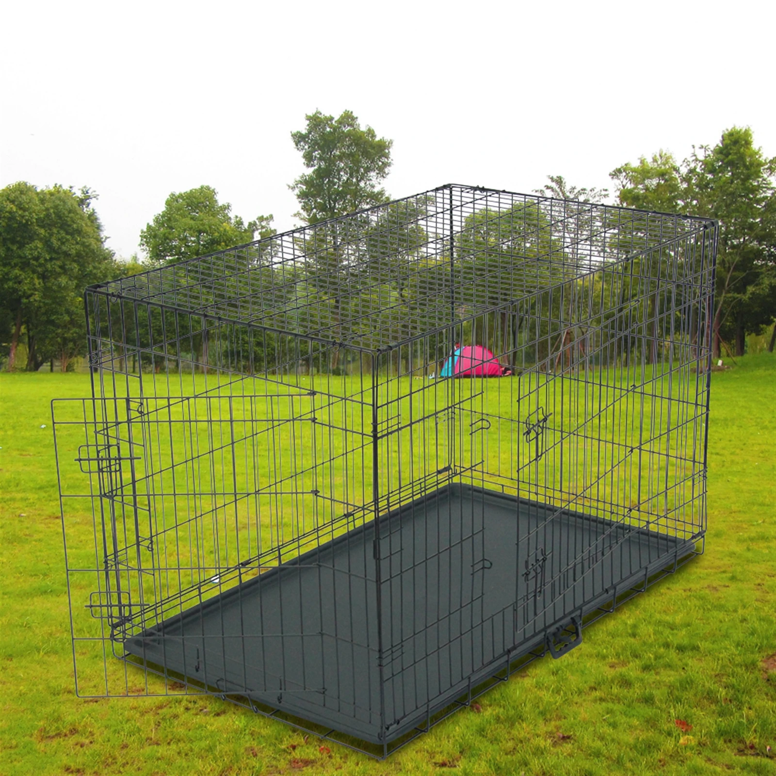 

Pet Kennel Cat Dog Folding Iron Crate Animal Playpen Wire Metal Double-Door Kennel Easy Install Medium Small Large Dog House