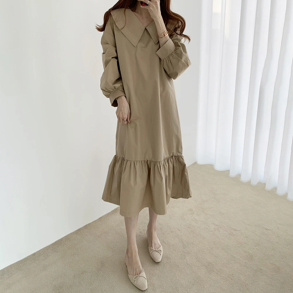 

Khaki Ruffles Long Dress Women Korean Japanese Style Puff Sleeve Turn-down Collar Ins Casual 2021 Spring Autumn Office Dresses
