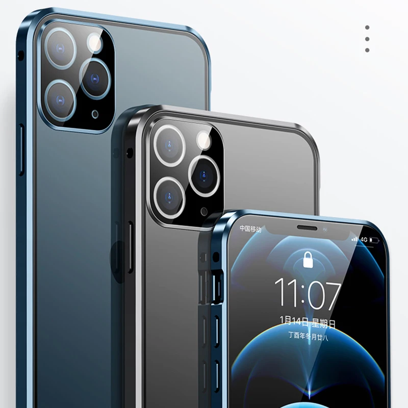360 Full Cover Magnetic Case For iPhone 14 Pro MAX 13 Mini 12 11 14 Plus Metal Bumper Glass Camera Lens Protector Film Coque