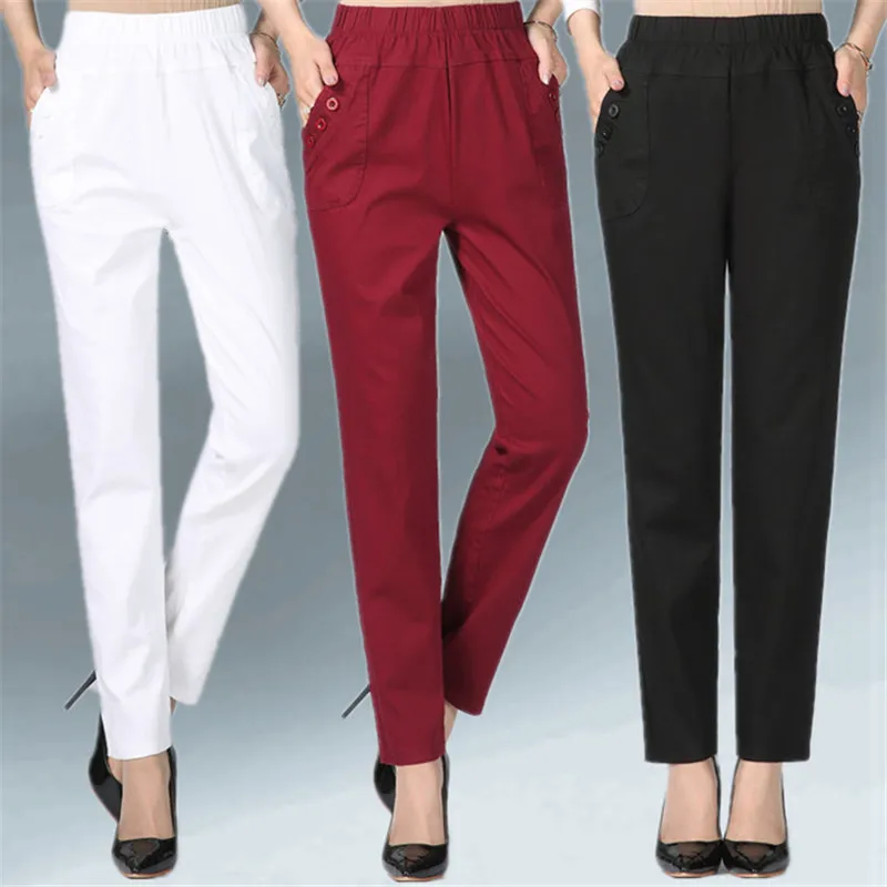 

Women's Trousers Spring Summer Autumn Stretch Waist Cotton Feet Pants Middle And old Ladies Large size Solid Casual Pants 5XL