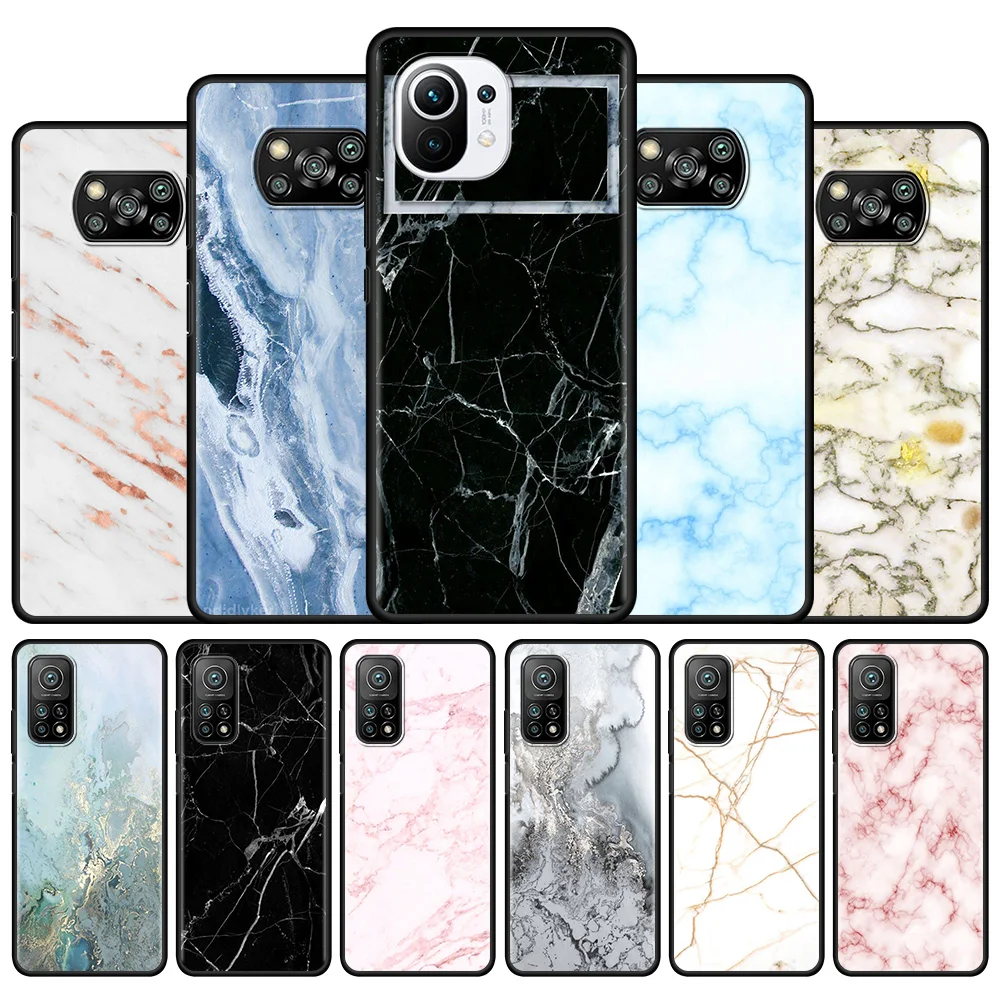 

Luxury Marble Phone Case for Xiaomi Poco X3 NFC M3 Pro Pocophone F1 F3 GT Luxury Painting Back Black Silicone Soft Cover