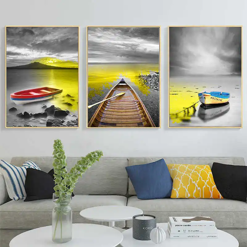 Художественные картины на холсте желтое озеро и лодка романтические постеры в