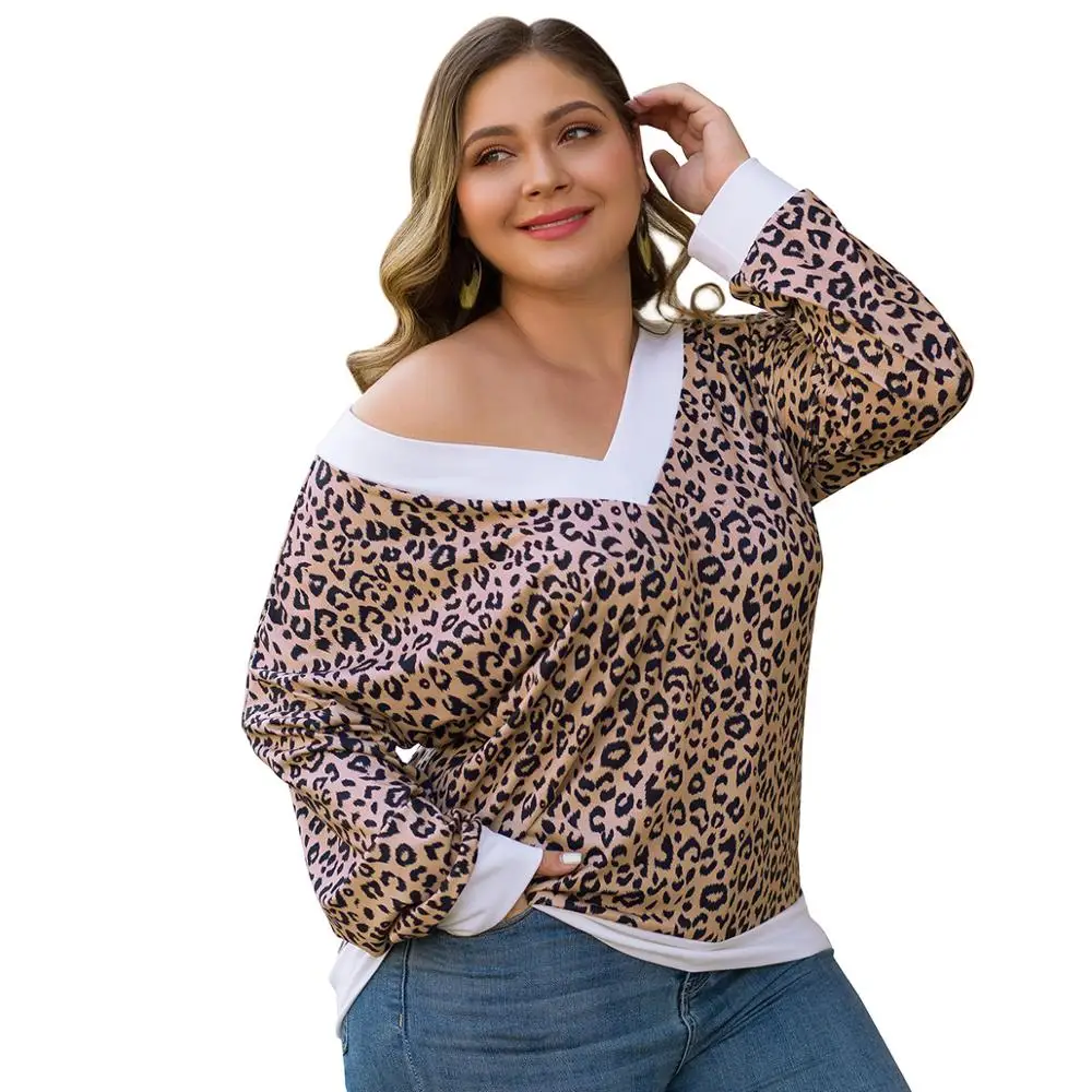 Autumn Plus Size 3XL 4XL Long Sleeve tshirt Women Deep V-Neck Leopard Printed Sexy Loose Big Tops Ladies Clothes | Женская одежда