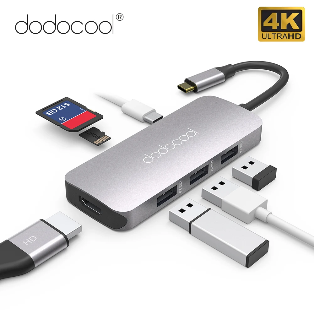 

Многофункциональный Док-стантор dodocool 7 в 1 с выходным портом 4K HD, кардридером SD/TF, зарядным портом PD и 3 USB-портами