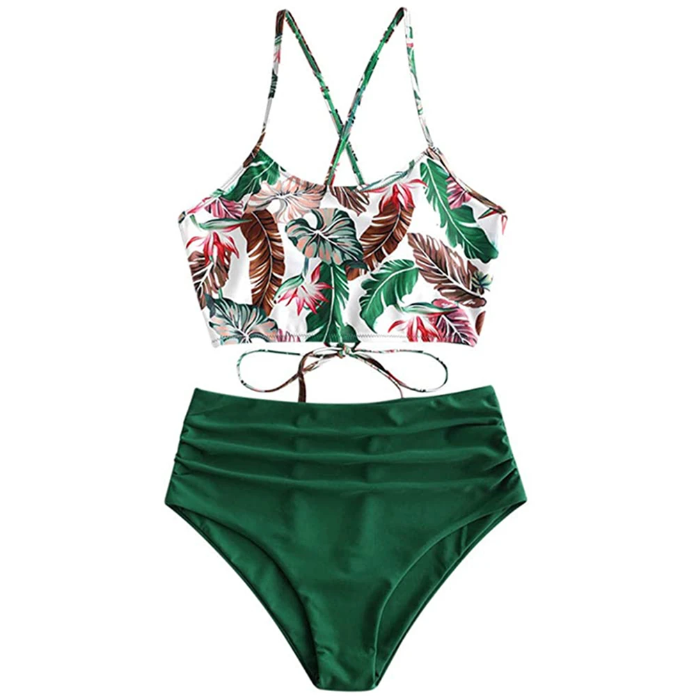 

Women's Swimwear Sunflower Leaf Print Adjustable Criss Cross Straps Lace Up Ruched High Waisted Tankini Set Two Piece Swimsuit