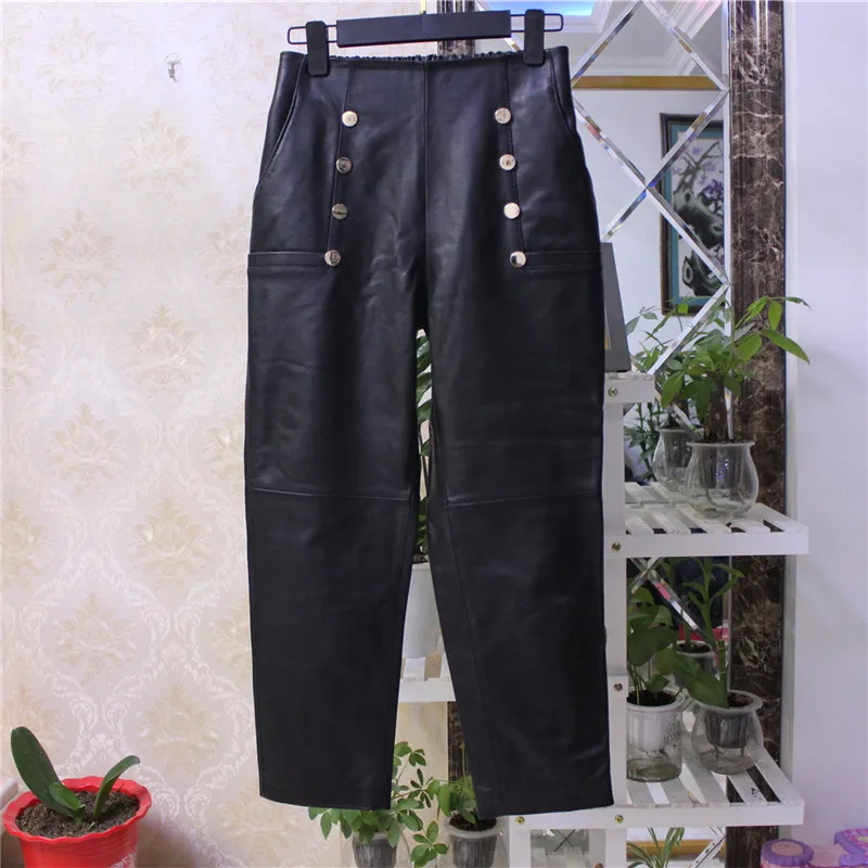 

2021 Spring Autumn Chic Women's Genuine leathe pencil pants High quality sheepskin leather casual pants B419