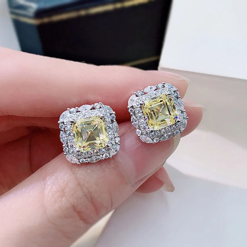 

Solid 925 Silver 7*7mm Yellow High Pink Carbon Diamond Earring For Women Anniversary Party Birthday Stone Jewelry Dropship