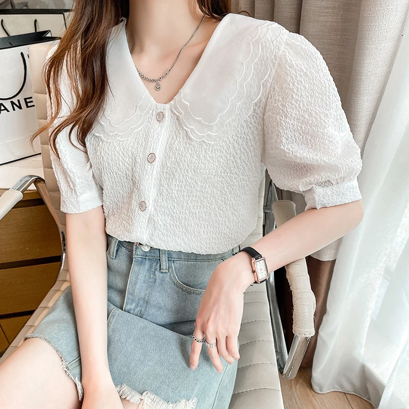 

Blusas Mujer De Moda Double Layer Collar Elegant Shirts Turn Down Collar Puff Sleeve Blouse Korean Clothes Women Tops