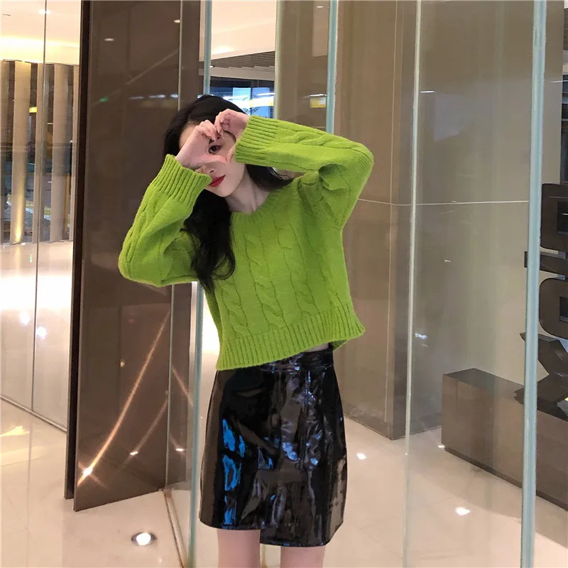 Autumn Winter New Women's Short Pullovers Sweater Twist Knitting Full Sleeve Solid Fashion Vintage Casual Tops T98506D
