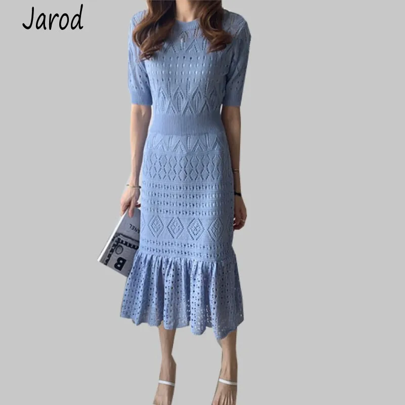 Женское трикотажное платье свитер с юбкой годе и круглым вырезом|Женские платья|