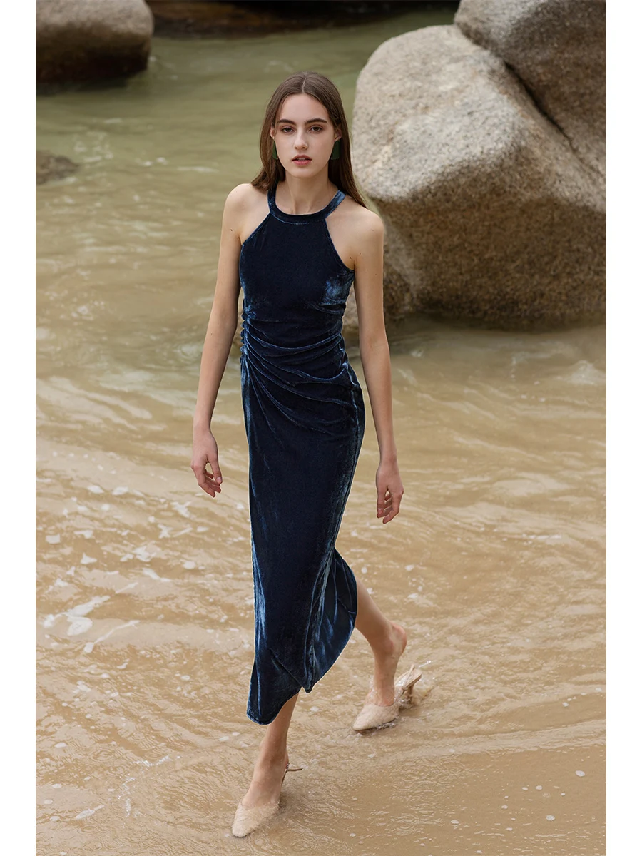 

Женское платье с лямкой на шее, дизайнерское бархатное платье на подтяжках 2021, верхняя одежда, облегающая юбка с Боковым Разрезом для ежегод...