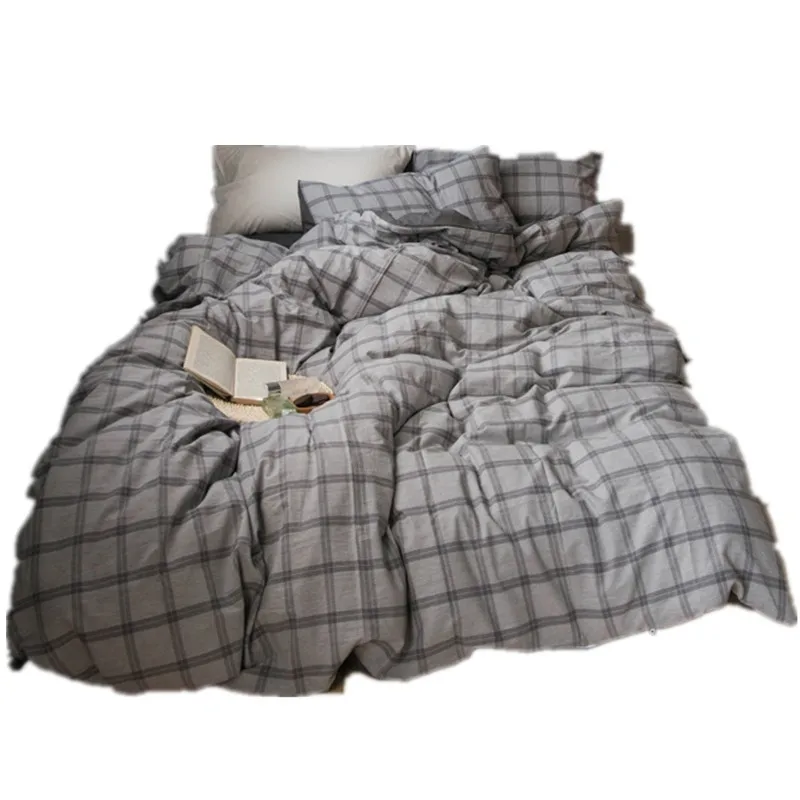 

Japanese-Style Washed Cotton 4-piece Naked Sleeping Soft Simple Plaid Cotton Linen Quilt Cover Bedding Set