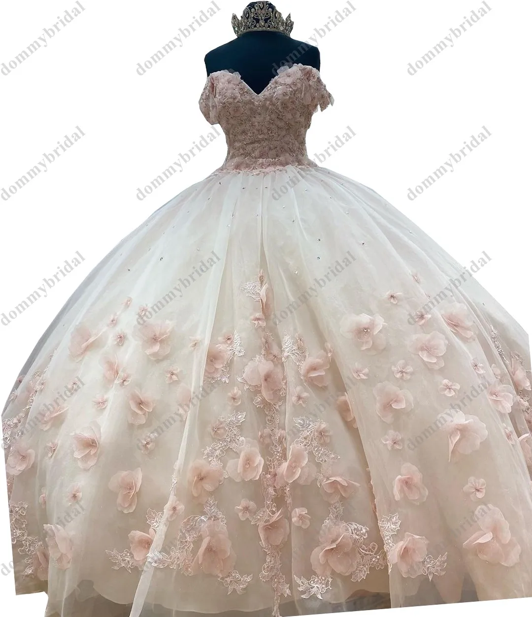 

Romantic Champagne and Blush Pink Patterned Flowers Princess Ball Gown Quinceanera Dress Lace Applique Corset Back Off Shoulder