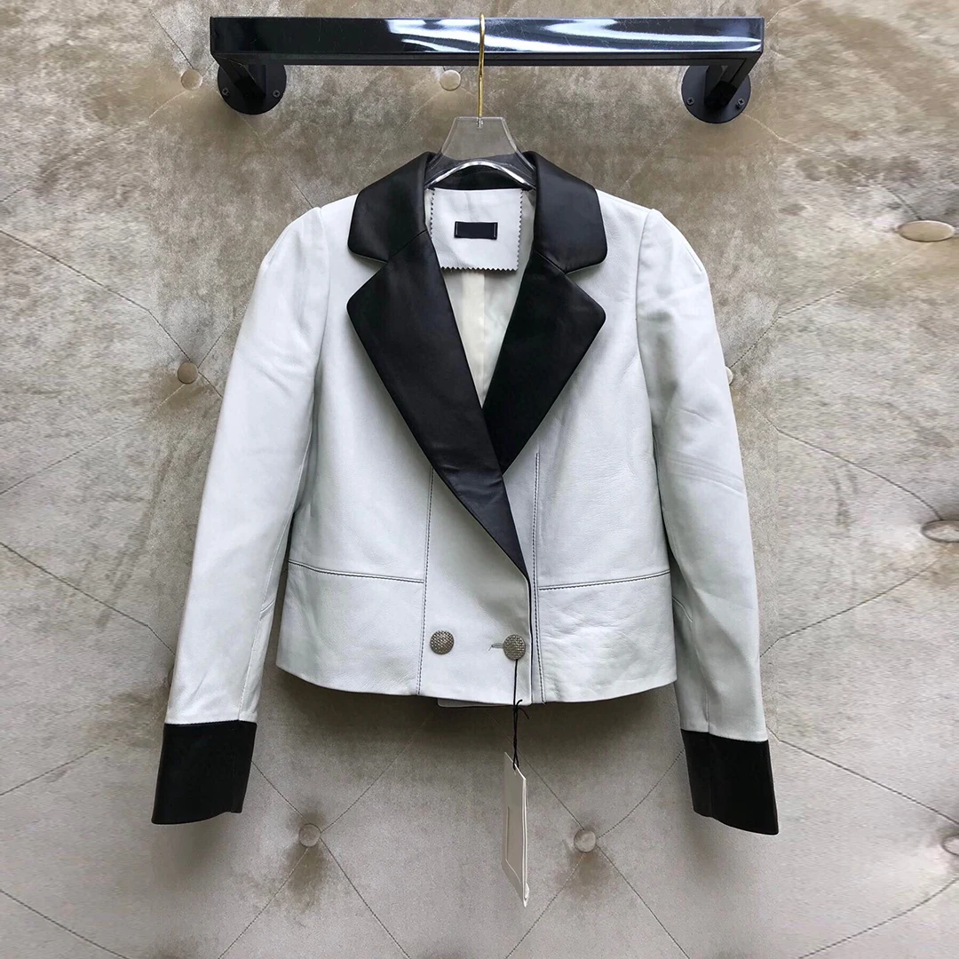 Женский короткий пиджак в стиле пэчворк черно-белый контрастных цветов модный