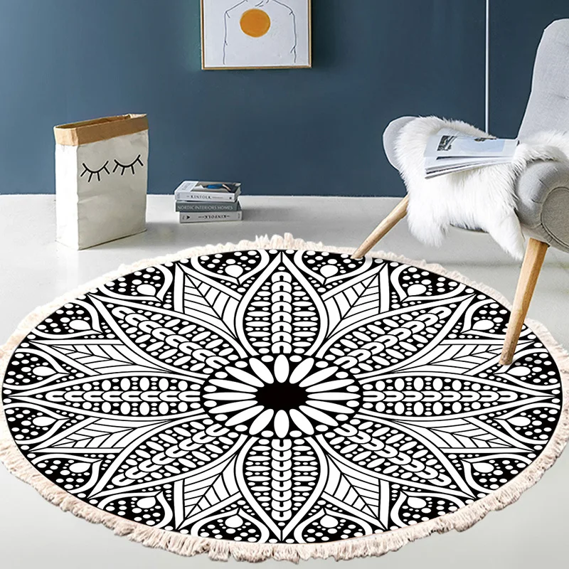 

Nordic Ethnic Style Rug Cotton Linen Tassel Floor Mat Boho Round Carpet for Bedroom Bedside Rugs Parlour Decor Non-slip Doormat