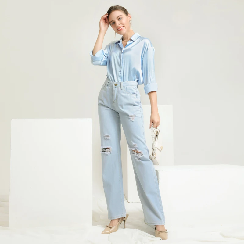 

Casual Office Lady Jeans Work Commute Pencil Jeans Femme 100% Cotton Skinny Vintage Denim Pants Women Ripped jeans Femme