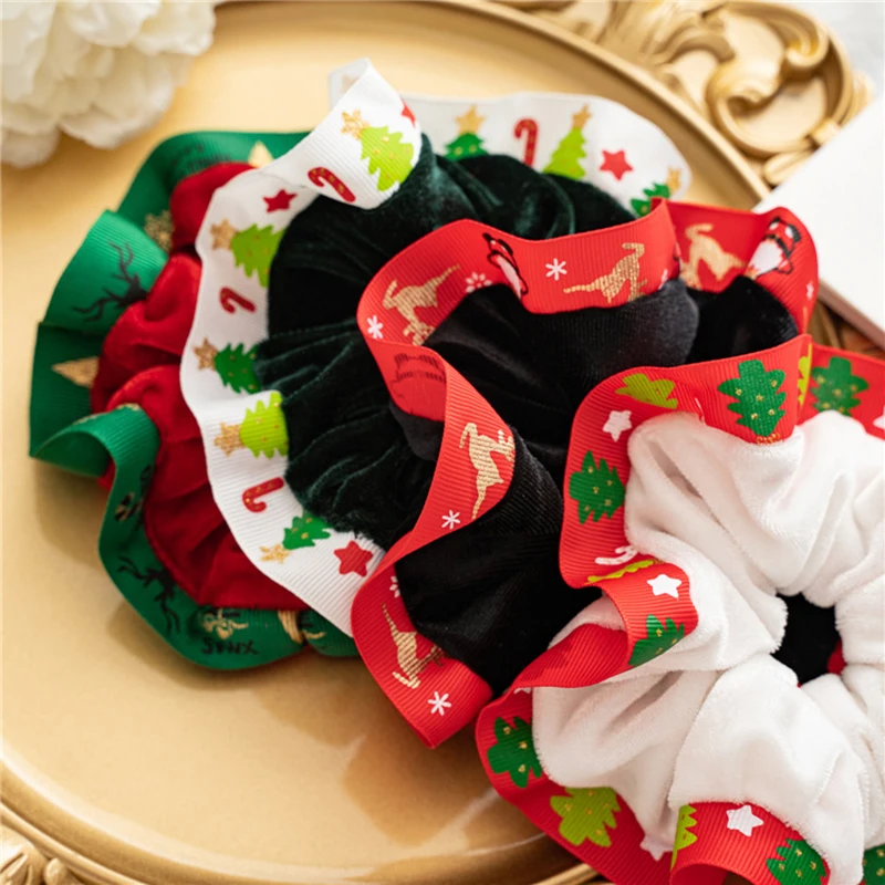 

Velvet Christmas Scrunchies Women Fashion Printing Hair Rope Ties For Girls Warm Elastic Hair Bands Ponytail Hair Accessories