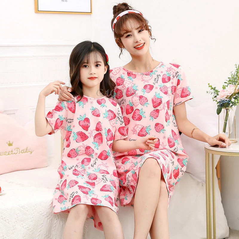 100% Cotton Girls Night Dress Children's Pajamas Sleepwear Dresses Nightgown Summer Short Sleeves Cartoon Nightdress Soft Cute