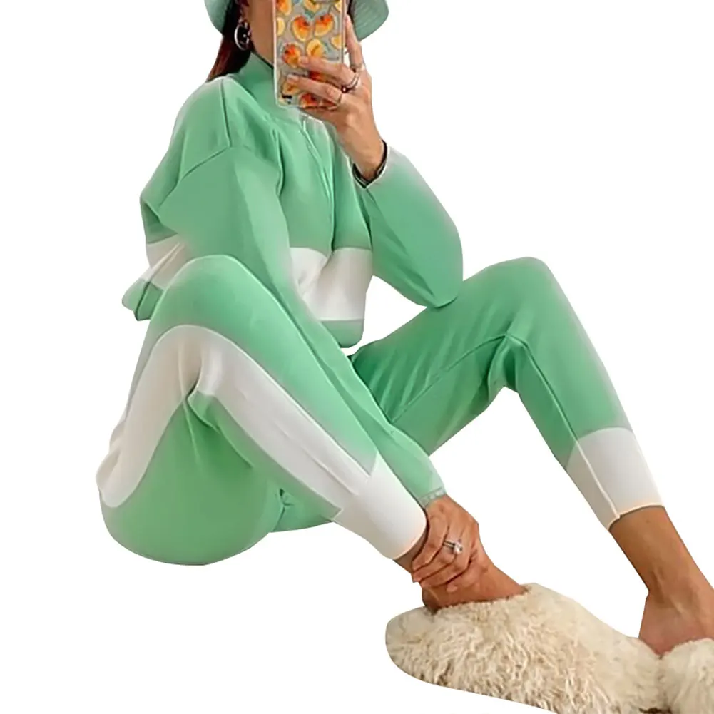 

Women's Zipper Coat, High-Waist Pants, Long Sleeve Stand Collar Patchwork Top Sports Striped Trousers