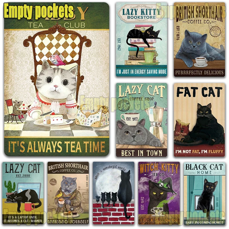 

tabby Cat and black cat Wtch cat Metal Tin Sign for Coffee decor Vintage Wall Decor Poster Wall Decor for Bar Cafe Home Room