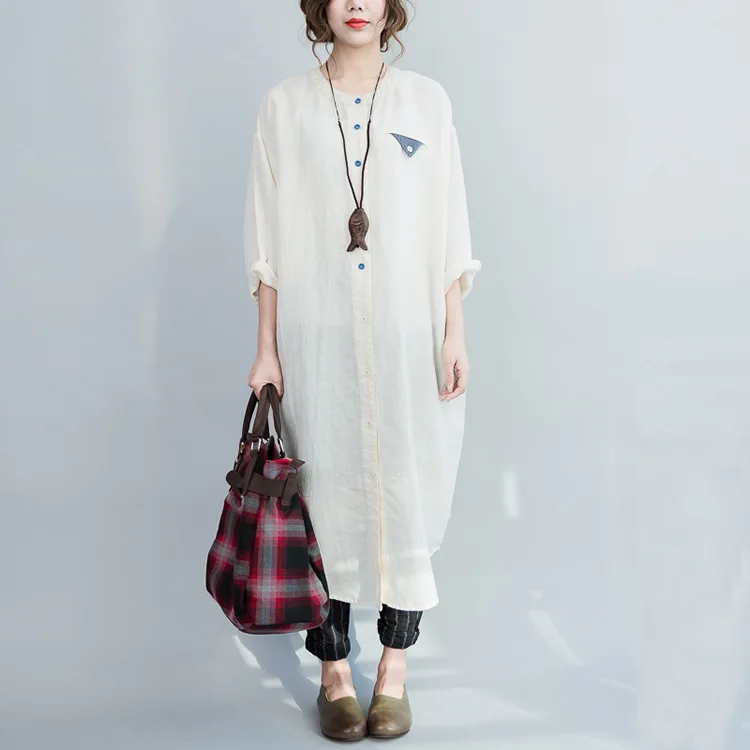 

Cotton and Linen Shirt Summer Loose Large Size Thin Long Half Sleeve Women Shirt Women Tops Dropshipping