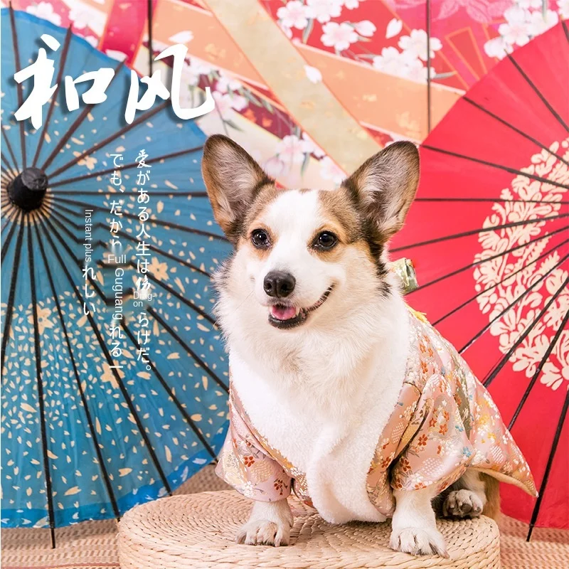 

Winter Japanese Kimono Cat Dog Clothes Cherry Blossom Pattern Pet Dog Jacket With Belt For Corgi Custom Large Size Clothes ZH980