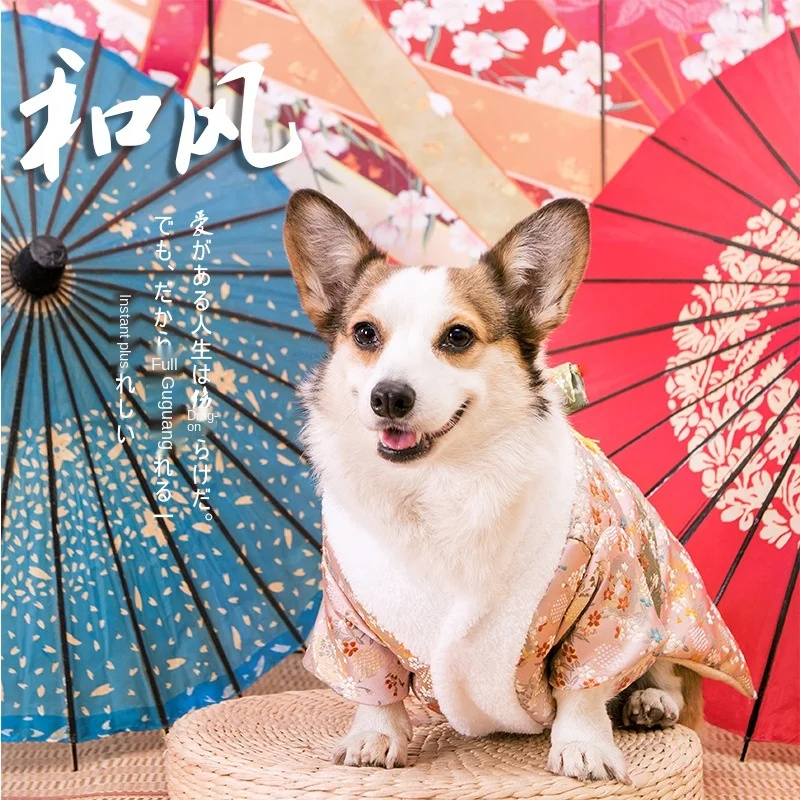 Зимнее японское кимоно для кошек и собак куртка с поясом корги принтом цветущей