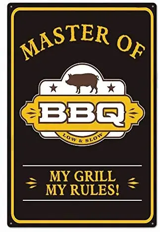 

Original Vintage Design Master of BBQ Tin Metal Wall Art Signs, My Grill My Rules Thick Tinplate Print Poster Wall