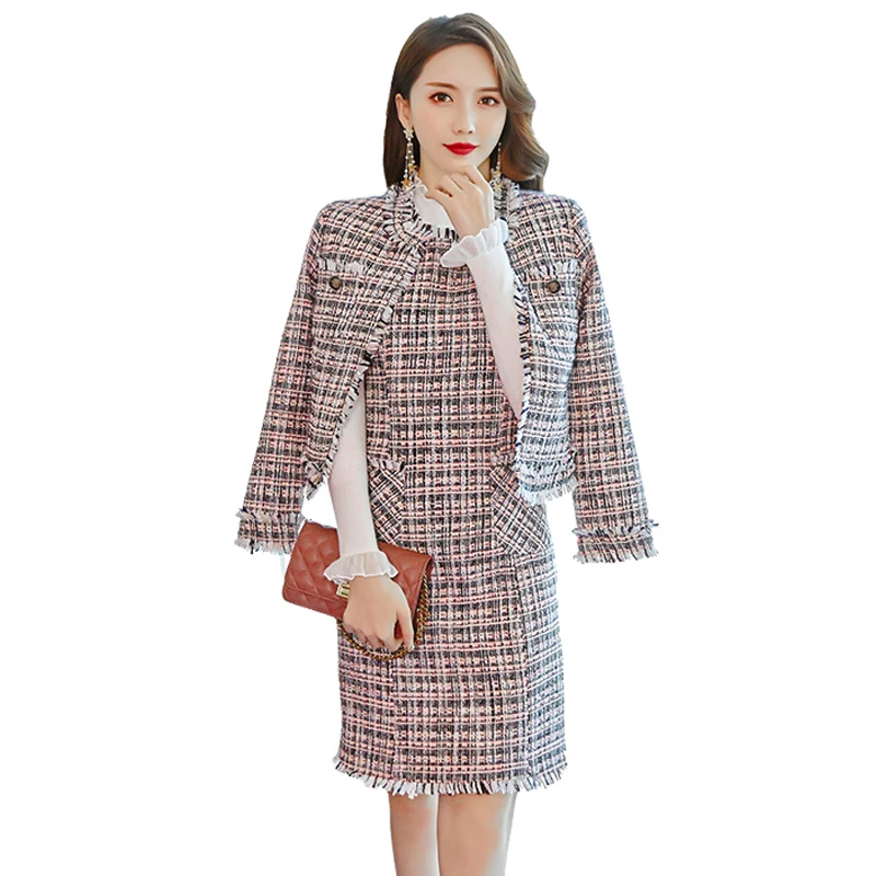 Jacket dress sets Клетчатый твидовый пиджак+ платье без рукавов, костюм весна/осень/зима, Женская куртка, пальто с длинным рукавом, деловой женский костюм из 2 предметов - Цвет: Jacket dress sets