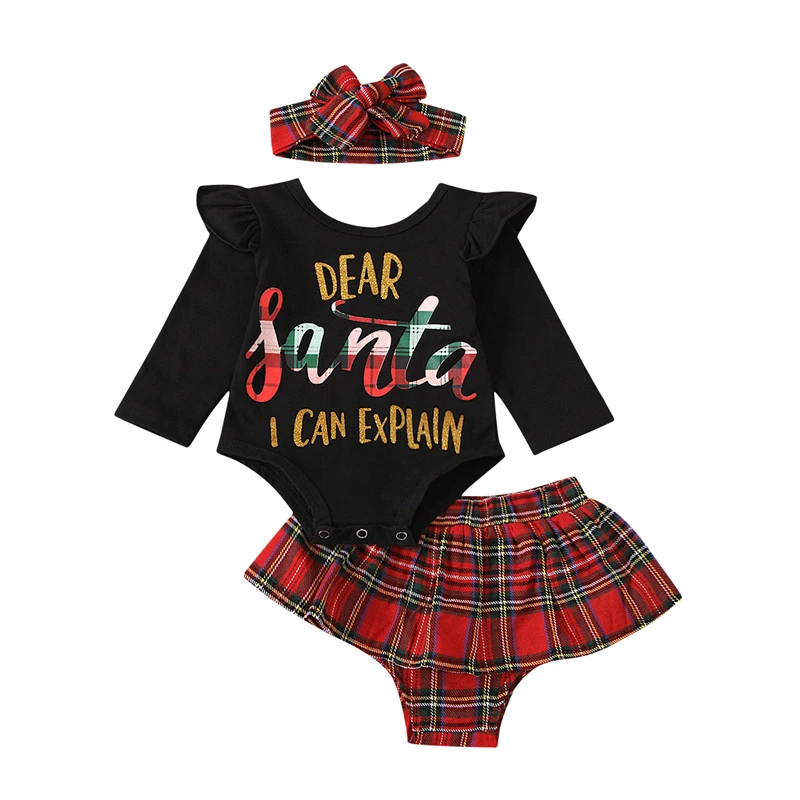 

BY 3 Pcs Newborn Christmas Outfits Infant Letter Print Fly Sleeve Round Neck Romper+Plaid Pantskirt+Headband Girls Clothing Set