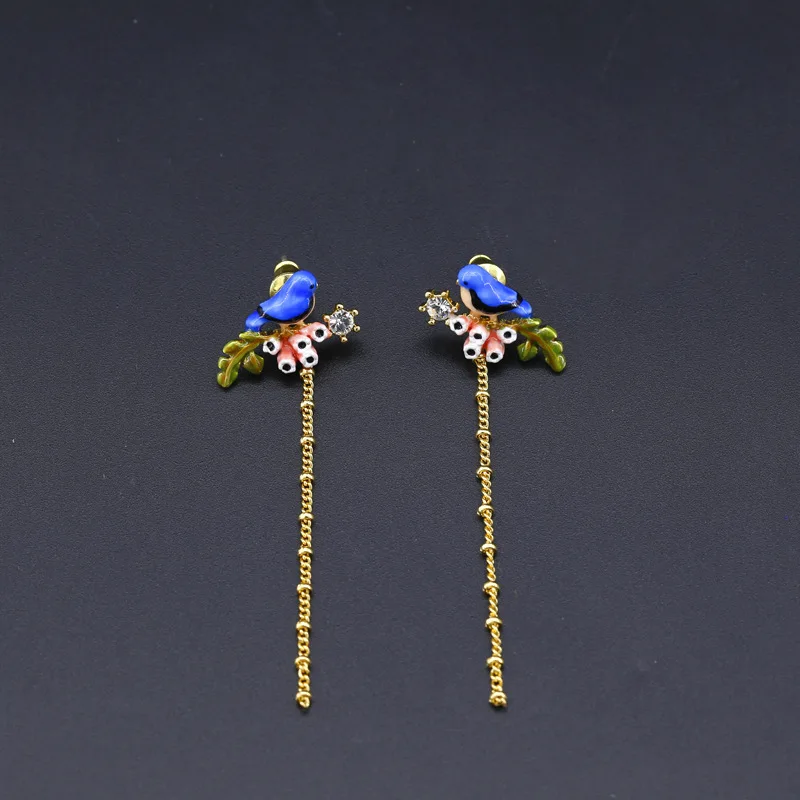 

Rhythm Forest Earrings Enamel Glaze Blue Bird Pink Lily of The Valley Tassel Earrings Long Blue Bird Stud Earrings Ear Clips