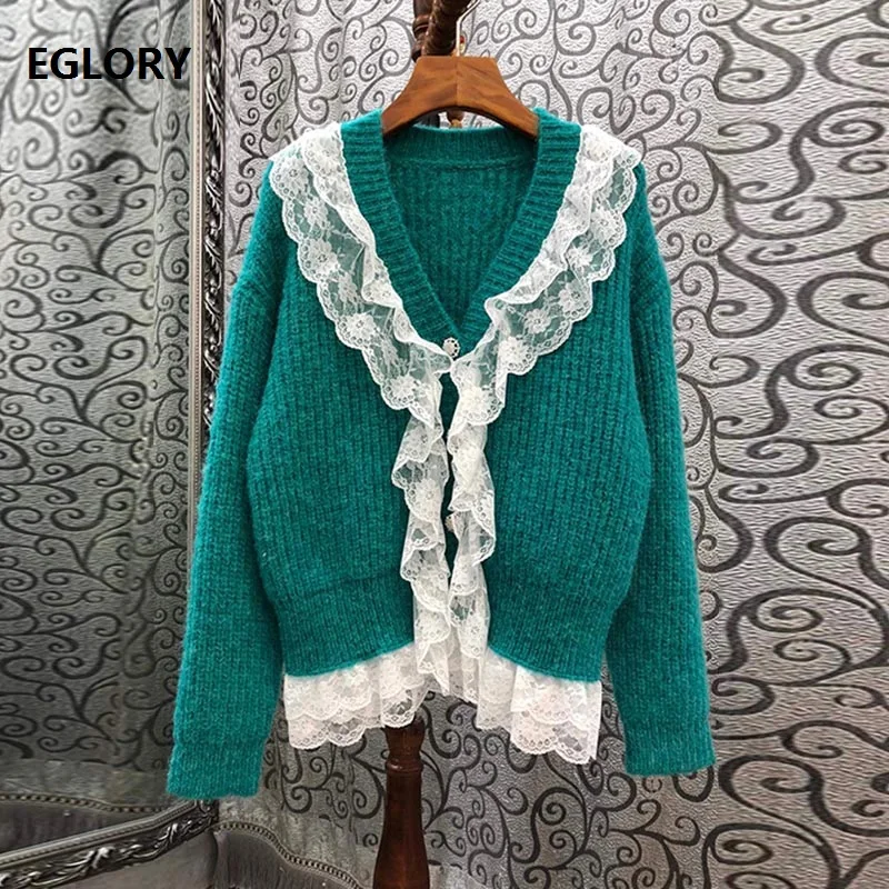 

2020 Autumn Winter Fashion Sweater Cardigans Women V-Neck White Ruffle Lace Patchwork Long Sleeve Casual Cardigan Coats Outwears