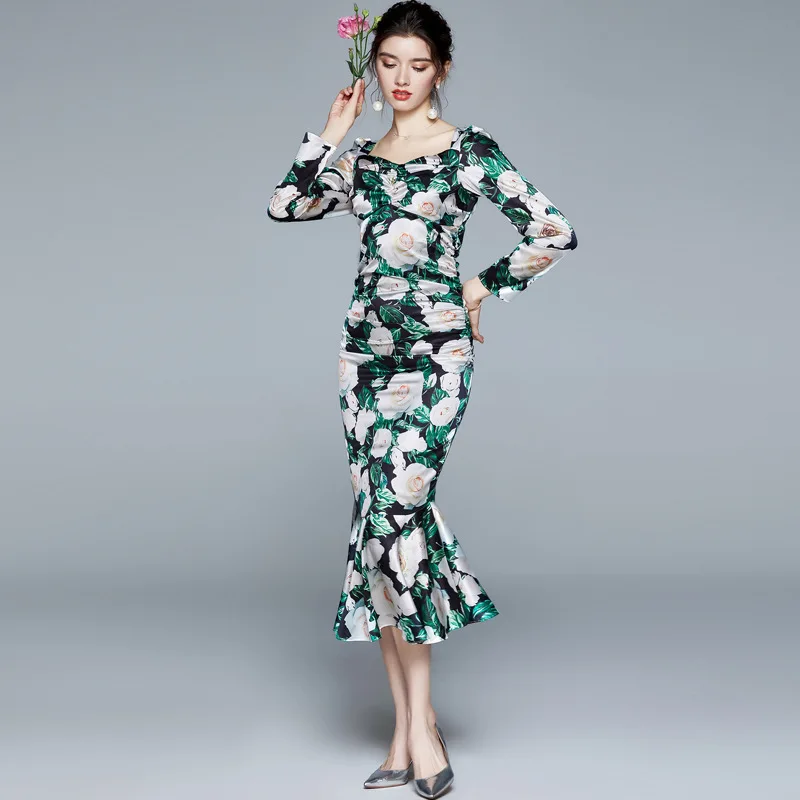 

Floral Print Bodycon Pencil Dress Womens Elegant Square Neck Long Sleeve Sundress Female Sexy Slim Party Dress