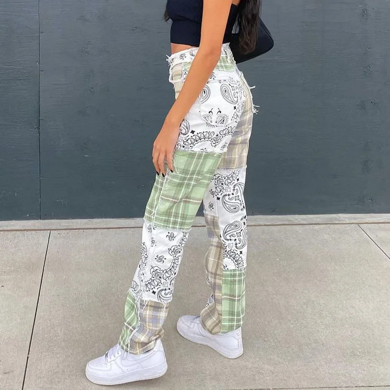 

Stitched Jeans Women Plaid Printing Spring Fashion Straight Button Fly Mid Waist Womens Pants Lugentolo