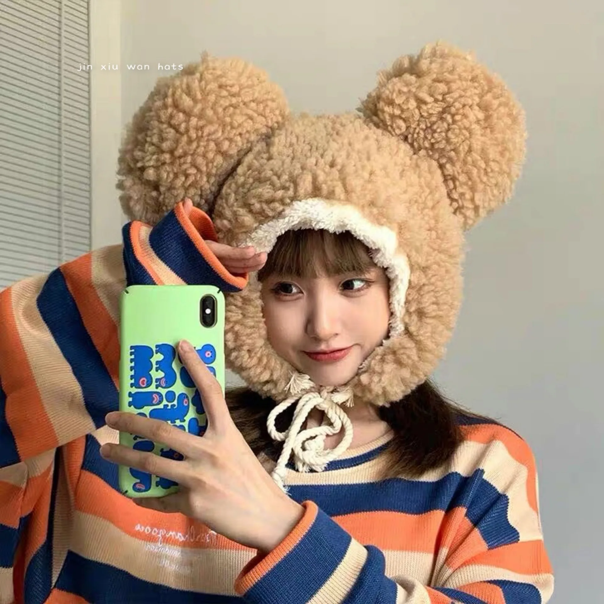 

New Fashion Solid Color Beanie Girl Winter Cute Bear Ear Warm Hat Windproof Hat Student Female Wool Hat Female Hat