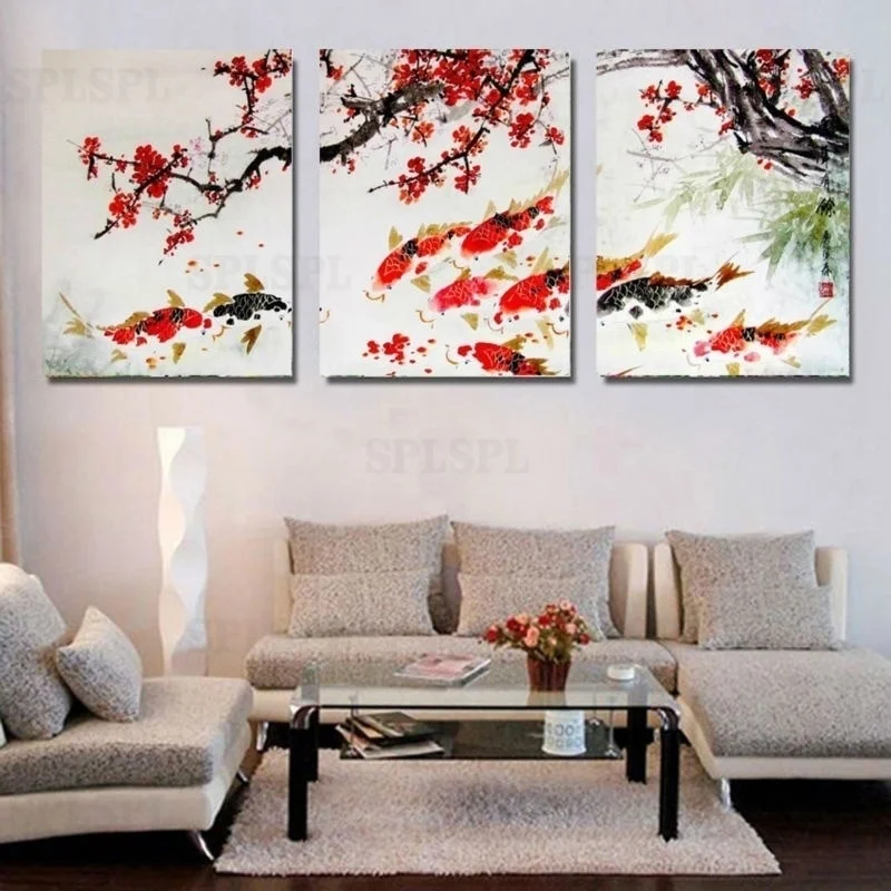 

Home decoration 3 Pieces no frame picture Canvas Prints fish Lotus Plum vase peony flower chinese characters
