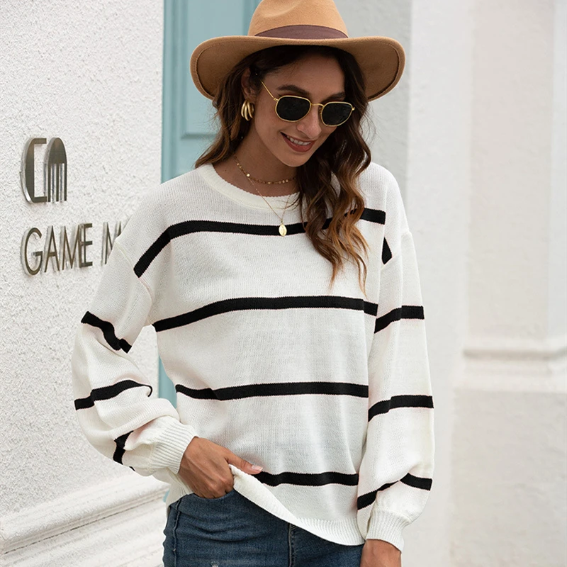 

Plus Size Women Sweaters 2020 Autumn Striped Print Patchwork Casual Knitted Pullovers