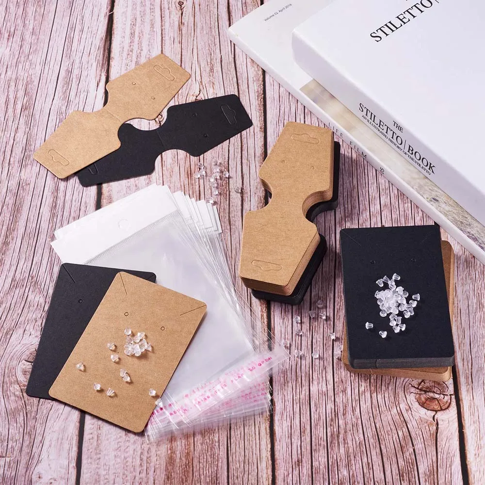 pandahall 500pcs/set Cardboard Display Cards Used For Necklace and Earring with Plastic Ear Nuts and Cellophane Bags Mixed Color