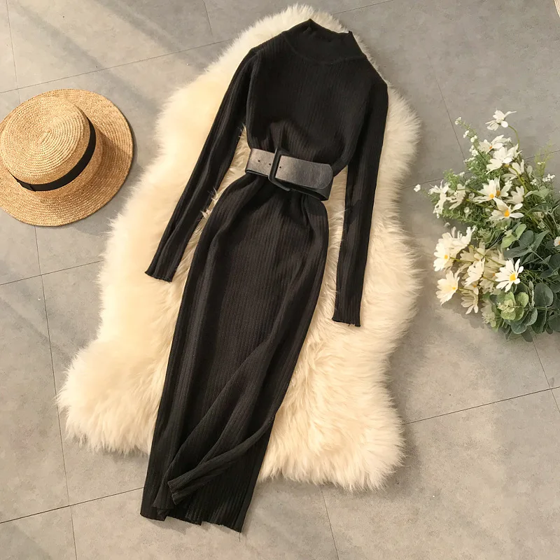 

Women's Sweater Dresses Autumn and Winter High Collar Mid-length Knitteed Dress Mujer Vestido with Belt